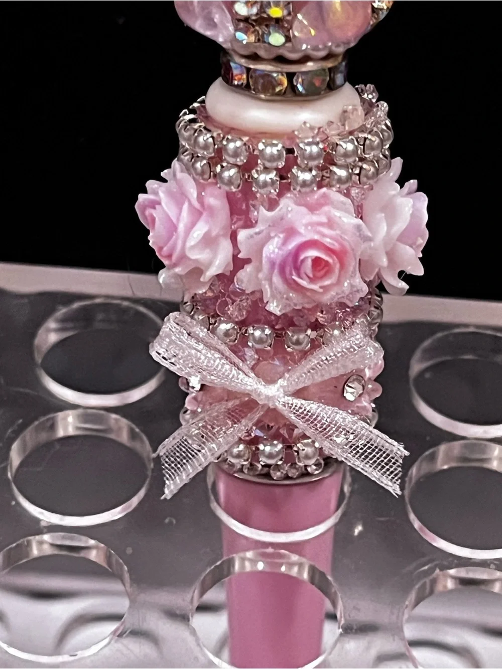 Rare Designer inspired Pink Floral fan focal Beaded Decorative Pen!
